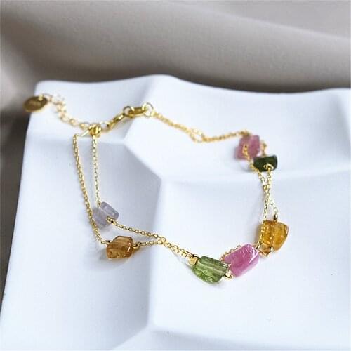 925 Sterling Silver Gold Planted Bracelet for Women Colorful Natural Irregular Tourmaline Double layer Chain Gemstone Bracelets
