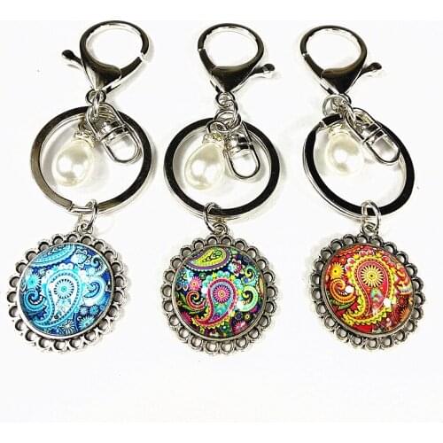 12pcs/lot Bandanna Key Chains Mandala Flower Buddhism Zen Picture Glass Pendant Key buckle, key ring handmade Jewelr