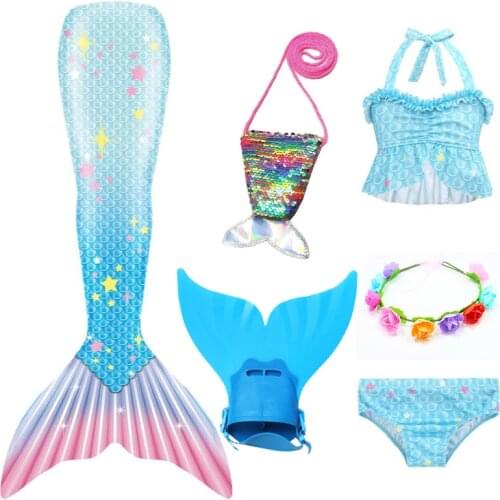 Kids Mermaid Tail Swimsuit with Fins Tops Bikini Suit Girls Monofin Swimmable Halloween Costumes Cosplay Swimming Wear Flipper