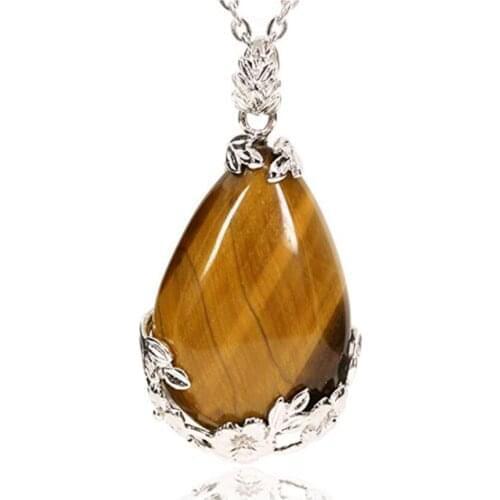 FYJS Unique Silver Plated Flower Wrap Water Drop Pendant Necklace with Natural Tiger Eye Stone Jewelry