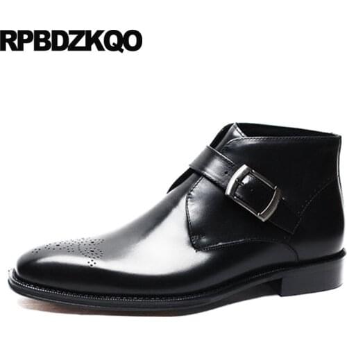 Brogue Genuine Leather Boots Wedding Ankle Chunky Designer Formal Dress Mens Shoes Booties Business Black Full Grain Square Toe
