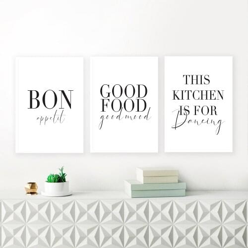 Minimalist Good Food Good Mood Bon Appetit Quotes Canvas Painting Black White Posters Wall Art Pictures For Kitchen Home Decor
