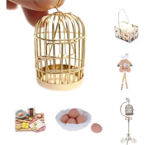 Dollhouse Metal Bird Cage Model With Holder Doll House Miniature Decorations Modern Home Room Crafts Children Toys