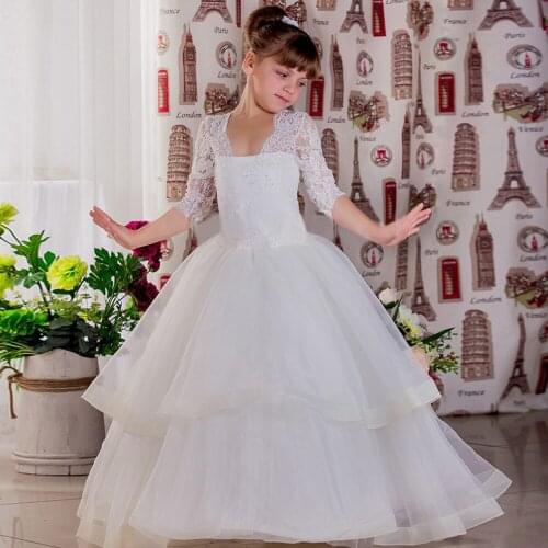 New Long Lace Ball Gown Flower Girls Dresses Simple Kids Wedding Party Dress White First Communion Dresses For Girls