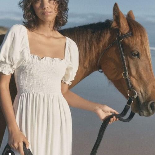 2021 Women Spring Vintage White Elasticity Midi Dress Fashion Square Collar Puff Sleeve Female Party Dresses Vestido De Mujer