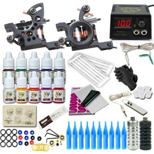 Complete Tattoo Machine Set 2 Guns 10 Inks Power Supply Needles Grip Accessories Liner And Shader Tattoo Pigment Kit