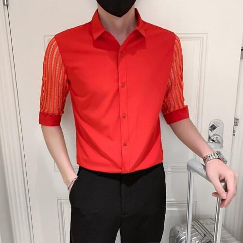 Fashion Lace Hollow Half Sleeve Tuxedo Shirts For Men Clothing 2021 Simple Solid Slim Fit Casual Chemise Homme Streetwear 3XL-M