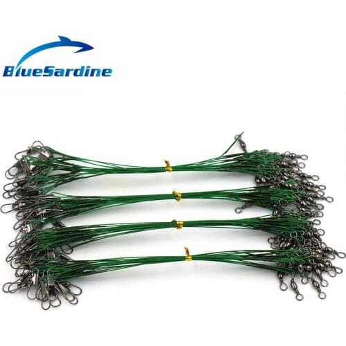 BlueSardine 20Pcs/lot Fishing Line Steel Wire Leader With Spinner Swivel 10/20/30CM Green Fishing Accessory