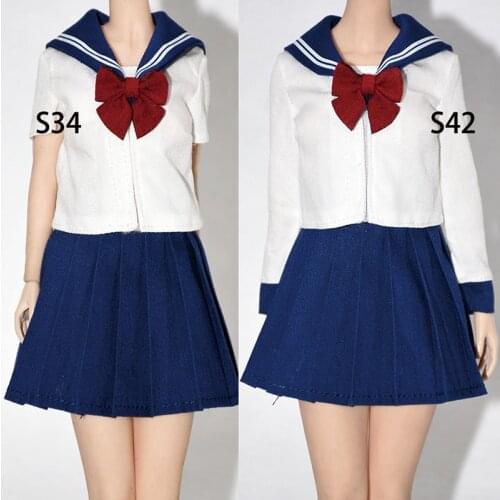1/6 Scale Sexy Female Sailor Student Uniform Long Sleeve/Short Sleeve T shirt Skirt Red Bow Tie Accessory Model for 12'' Body