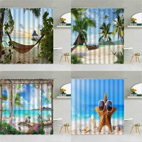 Seaside Scenery Beach Shower Curtains Ocean Starfish Green Plants Polyester Fabric Bathroom Home Supplies With Hooks Decoration