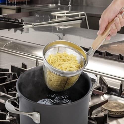 Stainless Steel Strainer Basket Wooden Handle Fine Mesh Spider Food Skimmer Kitchen Sieve for Pasta Dumpling Noodle