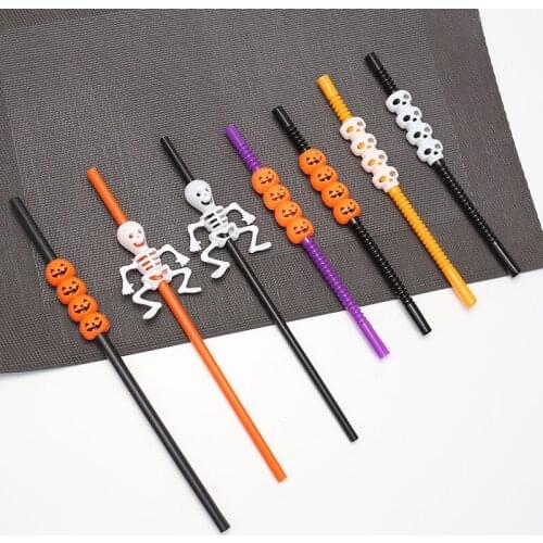 5Pcs Halloween Straws Black Orange Pumpkin Skull Head Plastic Drinking Straw for Halloween Party Home Bar Decoration Supplies