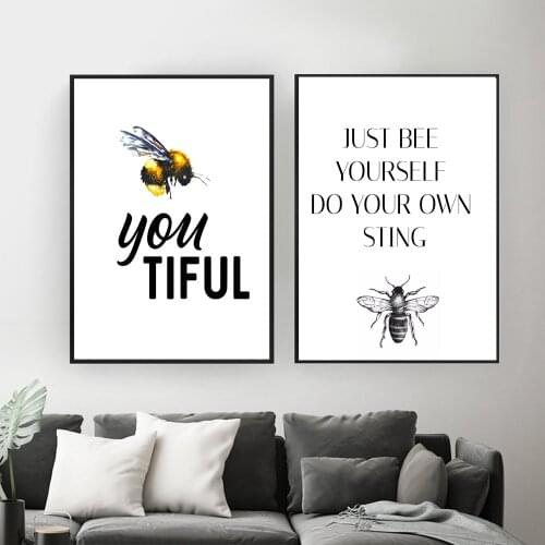Inspirational Quote Poster and Print Bee Happy Crazy Youtiful Wall Art Picture Just be yourself Art Canvas Painting Home Decor
