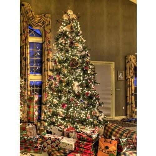 VinylBDS Indoor Photo Background Christmas Tree Muslin Christmas Backdrop With Window Gift Sparkling Background Photography