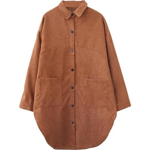 Women Casual Spring and autumn 2021 Corduroy Loose Long Sleeve Mid-length Shirt Female Button Pleated Shirt jacket trend FC113