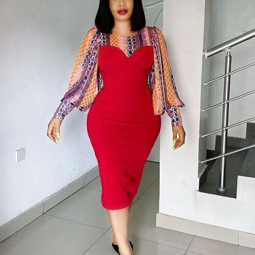 Woman Dress 2021 Spring Elegant Patchwork Print Lantern Sleeve Long Party Dress Women Casual Plus Size Slim Office Bodycon Dress