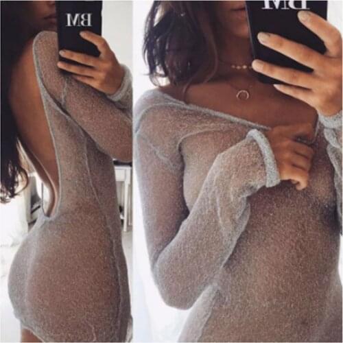 Women Dress Sexy Ladies Bodycon Mesh Sheer Mini High Quality Female Hollow Out V-Neck See-through Transparent Backless Clothing