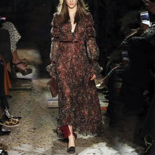 Summer Dress 2021 Fashion Floral Print Retro Temperament Lotus Leaf Sleeve Long Chiffon Dress Woman