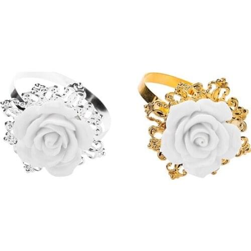 100pcs White Color Rose Flower Gold Sliver Napkin Rings Holder Hoops Romantic Wedding Party Table Decoration W9883