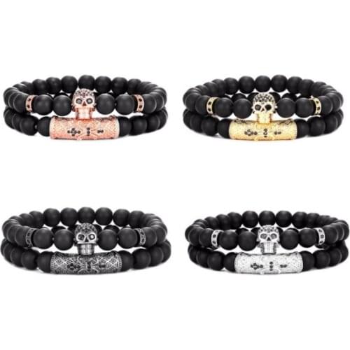 2pcs/lot 8mm skull gold silver copper cz zircon cubic zirconia beads bohemian Bracelet agate Onyx Stone Bangles tfg3s