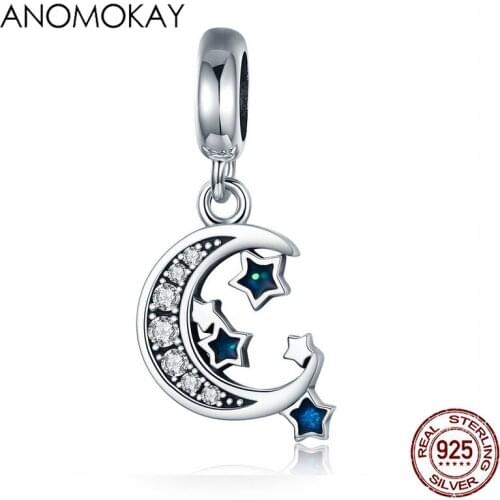 Anomokay Authentic 925 Sterling Silver Sparkling Sky Moon Star Clear CZ Dangle Charm fit Charm Bracelet S925 Pendant Jewelry
