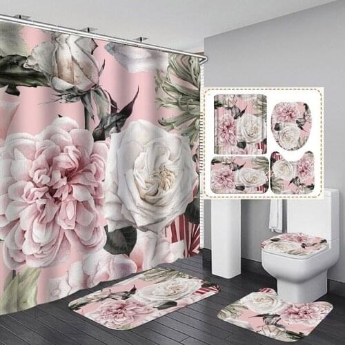 Flower Shower Curtain Big Mat Set with Carpet Bath Screen for Home Hotel Bathtub Partition Mold WaterProof Durable Curtains Hook