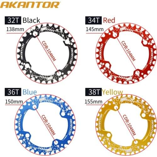 AKANTOR Aluminum MTB Bicycle Chainring Road Bike Chainwheel Crankset Tooth Plate 104BCD 32T/34T/36T/38T Crank Cycling Parts