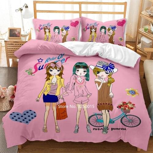Home Textile Lovely Pink Cartoon Bedding Beautiful Girl Print Duvets with Pillowcase for Boys and Girls Children Soft Room Decor