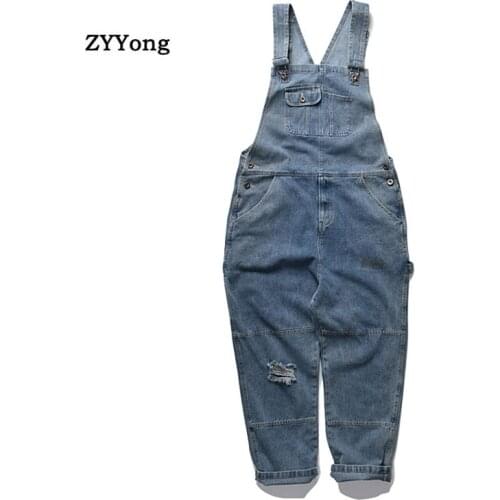 Ripped Jeans Overalls Men Bib Denim Jumpsuit Straight Hip Hop Big Pocket Comfortable Pants Casual Blue Brown Loose Trousers