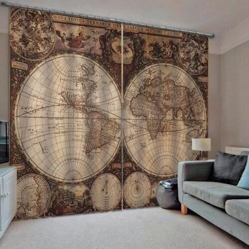 European Curtains Luxury Living Room Blackout Curtain World Map Shading Curtain Drapes Thick Silk Curtains