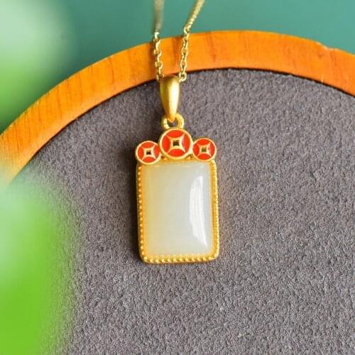 Natural Hetian Jade Safe Purse Gold Coin Pendant S925 Sterling Silver Lucky Pendant Pendant Necklace Small Clavicle Chain Female