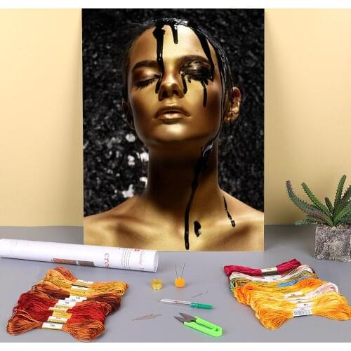 Black And Gold Woman Printed Canvas 11CT Cross-Stitch Embroidery Set DMC Threads Craft Knitting Handicraft Hobby Home Sales