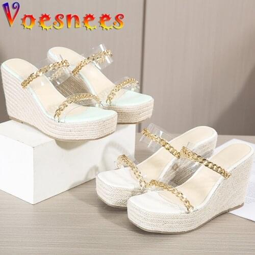 Summer Women Slippers Metal Chain Nightclub Stripper High Heels Beach Wedges Platform Transparent Women Shoes Sexy Party Sandals