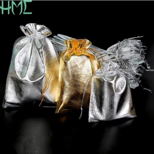 Hot!!!50pcs/lot 7x9/9x12/10x15/13x18cm Gold/Silver Color Drawable Organza Pouch Christmas Wedding Gift Jewelry Bag