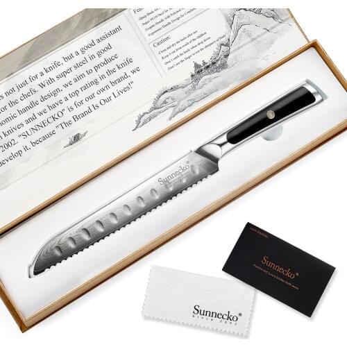 SUNNECKO 8" Bread Knife Gift Box Japanese VG10 Core Damascus Steel Kitchen Knives Razor Sharp Blade G10 Handle Breakfast Cutter