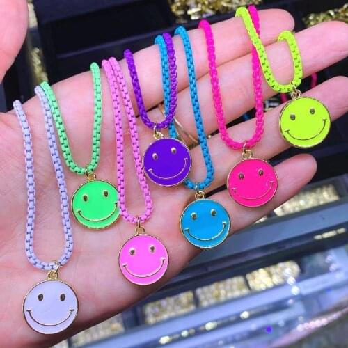 5Pcs Rainbow color Box chain necklace, fashion enamel happy smile face pendant necklace for summer