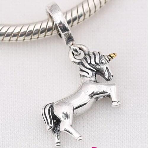 Authentic 925 Sterling Silver Golden Horn Unicorn Dangle pandora Charms Fit Original Bracelets For Women DIY Jewelry Beads