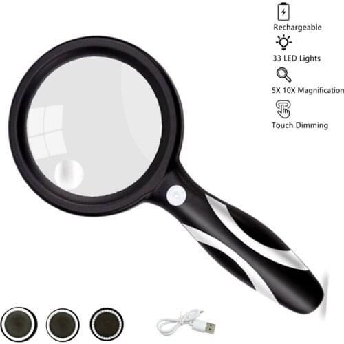 Handheld Magnifier 110 mm Large Lens 5X 10X Illuminated Magnifying Glass with 33 Adjustable LED Lights Touch Switch for Reading