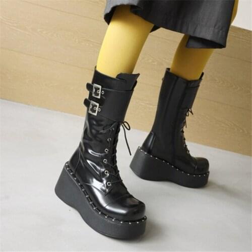PXELENA Japanese Harajuku Creepers Punk Rock Gothic Motorcycle Cosplay Mid Calf Boots Plus Size 34-43 Rivet Buckle Combat Shoes