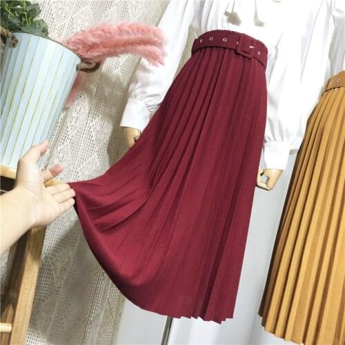 Pure color belt organ pleated skirt half-length skirt spring women mid-length high belt all-match A-line long skirt large swing