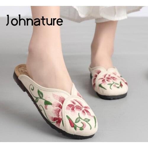 Johnature Summer Slippers Women Shoes 2021 New 2021 Handmade Outside Embroider Flat With National Style Concise Ladies Slides
