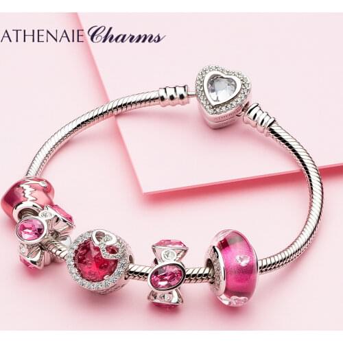 ATHENAIE 925 Sterling Silver Italian Murnao Glass Shine Zircons Intertwined Hearts Charms Bracelet For Women Jewerly Gift