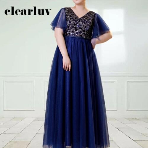 Navy Blue A-Line Evening Dress DR1107 V-Neck Short Sleeve Robe De Soiree Shining Sequin Women Party Dresses Lace Up Elegant Gown