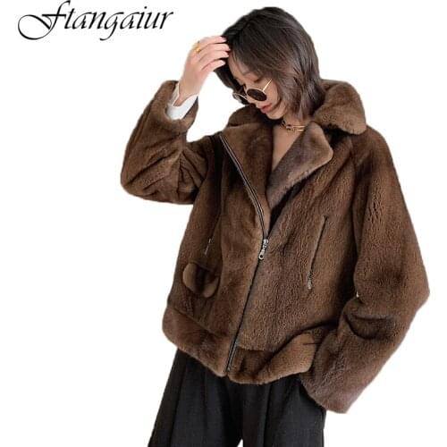 Ftangaiur 2021 Winter Import Purple Standard Velvet Mink Fur Coat Women Turn-Down Collar Short Natural Real Mink Fur Coats