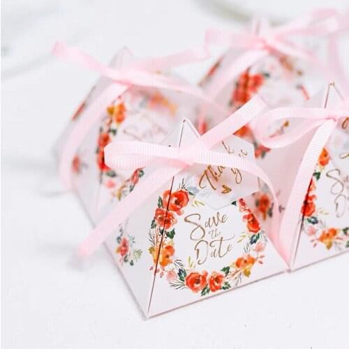 100 Pcs New Triangular Pyramid Pink floral Save the date Candy Boxes Wedding Favors Party Gift Wrapper Box With thank you tags