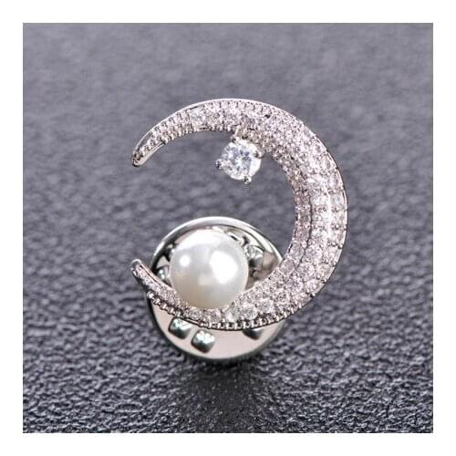 22x19mm Zircons Pearl Crescent Moon Collar Ornament Pin Brooch Fashion Costume Jewelry Accessory