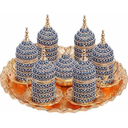 27-pc Luxury Gift Evil Eye Turkish Coffee Set of 6 Antique Vintage Style Silver Turkish Greek Arabic Coffee Espresso Cups Saucer