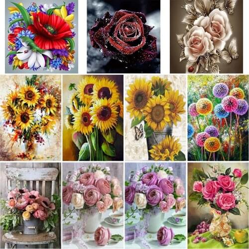 5D diamond painting sunflower mosaic cross stitch kit inlaid diamond rose vase round bead diamond embroidery home decoration