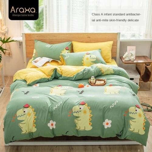 Class A antibacterial cartoon four-piece set knitted cotton quilt bed sheet bed can machine wash childrens bed three-piece kit