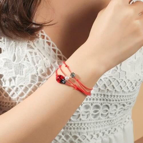 3 Pcs/Set Trendy Female Red Rope Chain Bracelets For Women Cute Ceramic Insect Ladybug Rhinestone Pearl Bracelet Jewelry Gifts